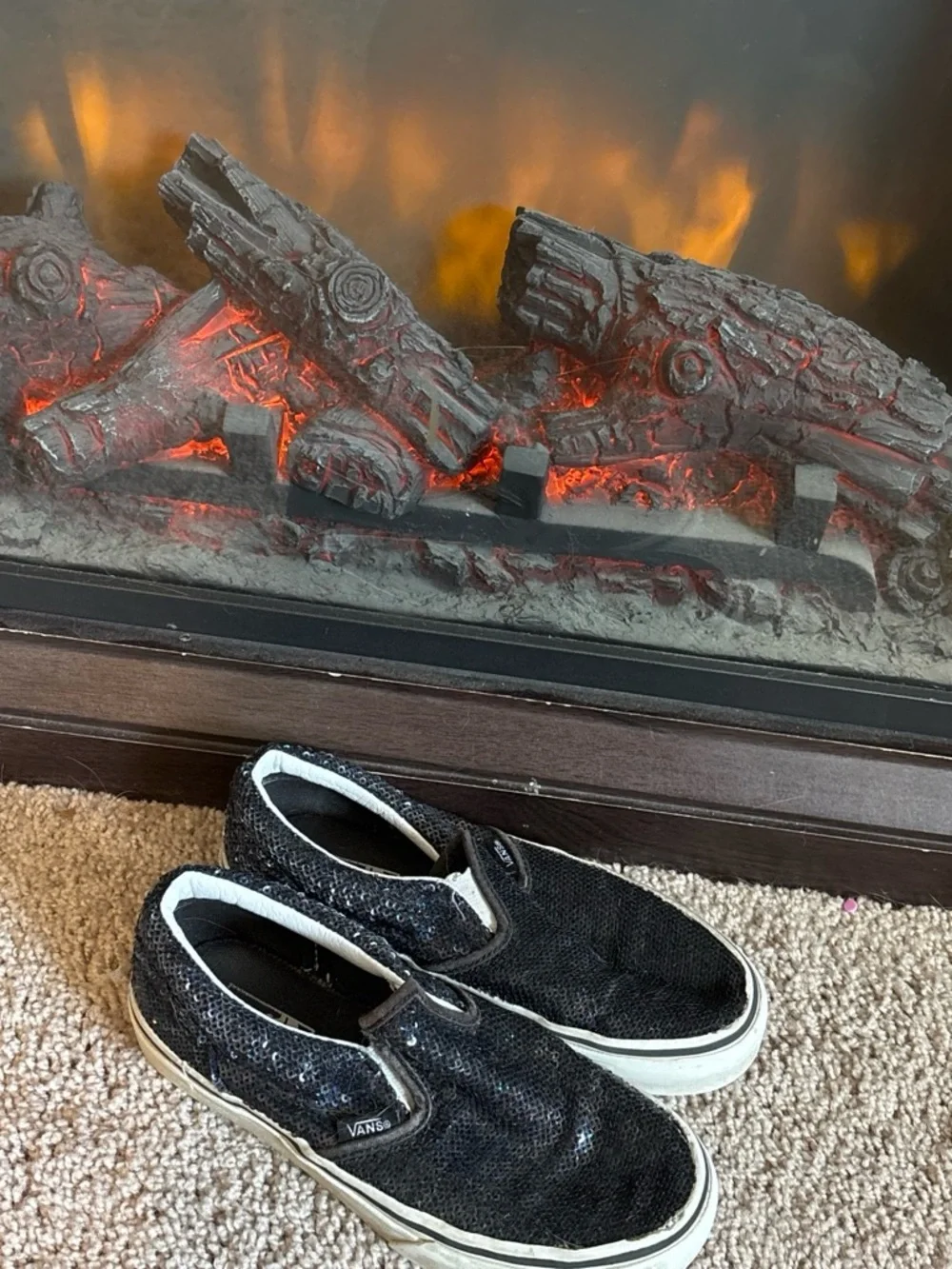 Vans Black Sequin Slip-On Sneakers with White Soles